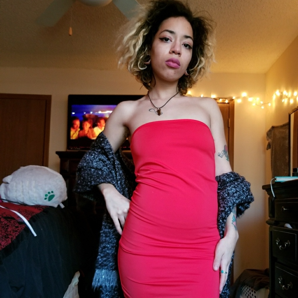Red slip strapless bodycon mini dress.